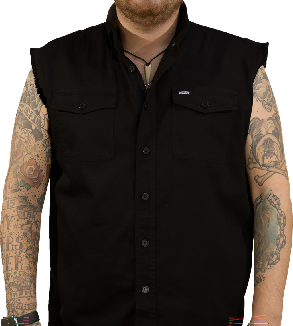 No Regrets Printed Sleeveless Button Down Shirt